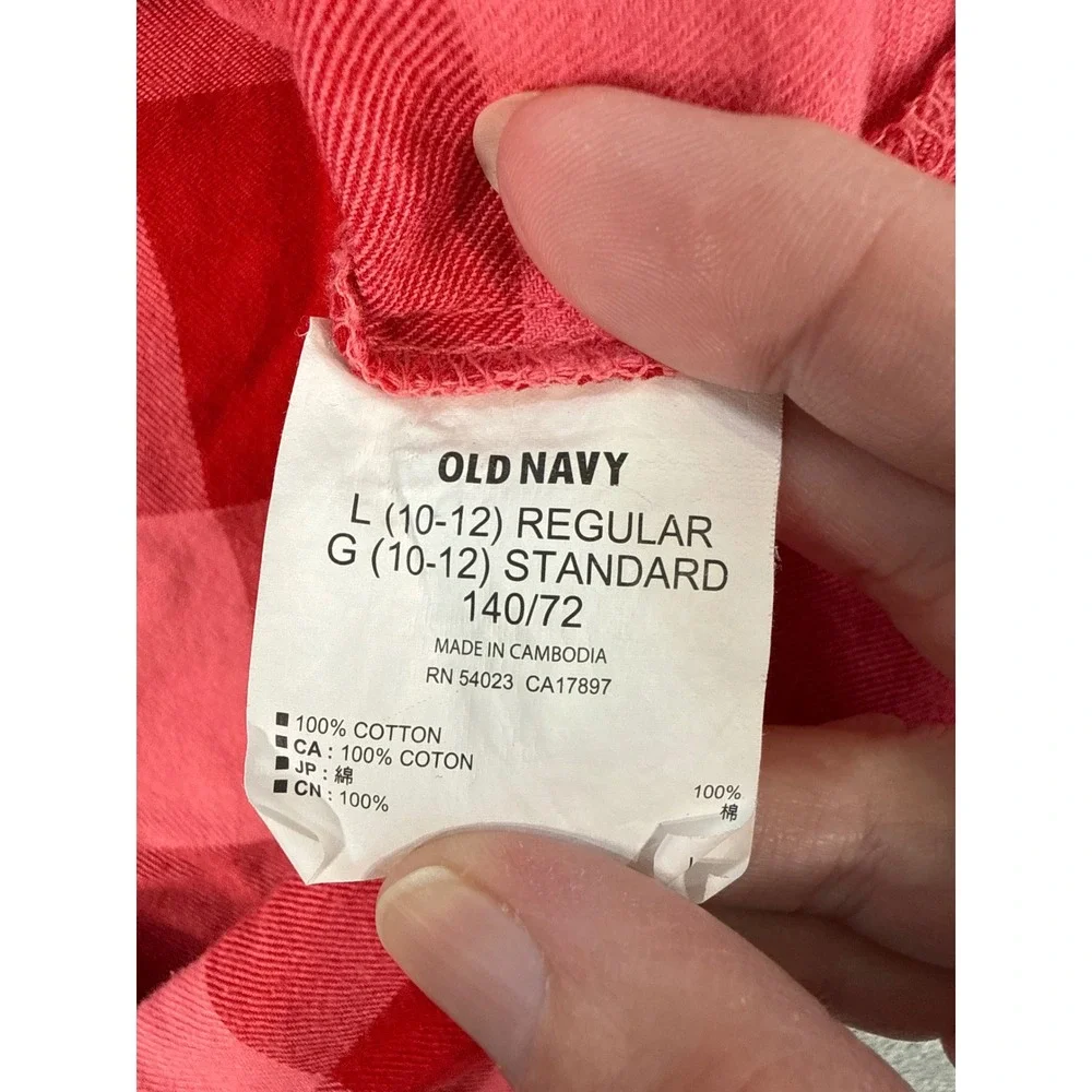 Old‎ Navy Red Pink Buffalo Plaid Boyfriend Button Down Shirt Girls Large 10-12